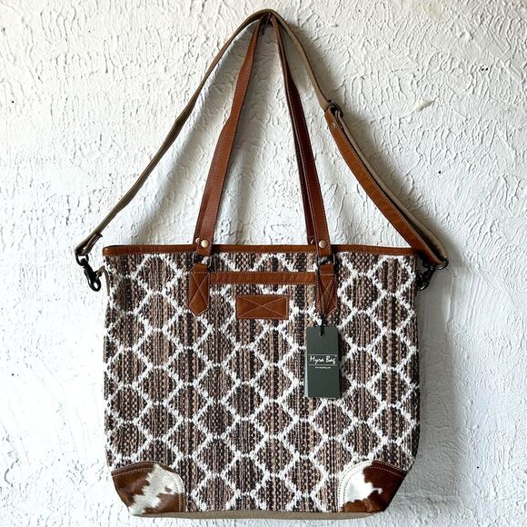 Myra Bag Perfect Match Upcycled Brown Ivory Canvas Cowhide Tote Crossbody Purse - Picture 1 of 16